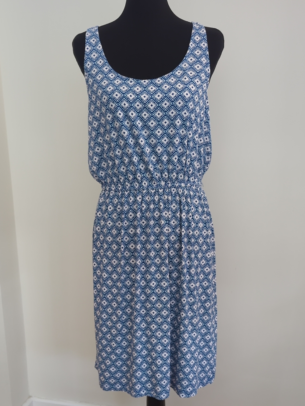 Old Navy Blue & White Diamond Geometric Racerback Midi Tank Dress LARGE